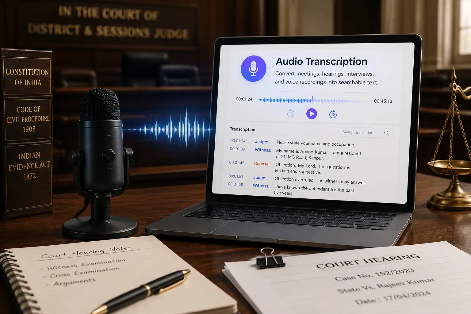 Courtroom audio transcription setup with microphone and laptop